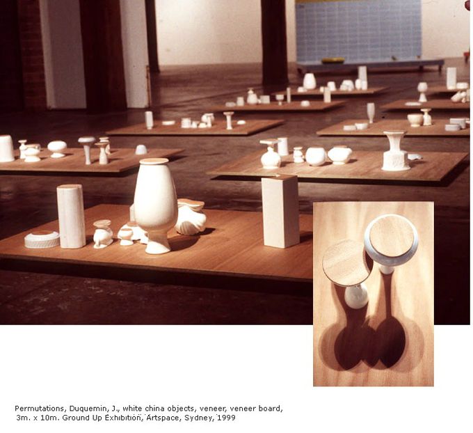 'Permutations', white china objects, veneer, veneer board. Size variable. Exhibition: Ground Up. Artspace, Sydney. 1999. Curated by Adam Boyd. Photograph/Slide by Ian Hobbs.